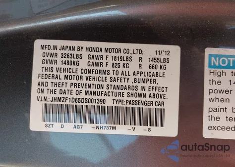 2013 Honda Cr-Z Ex from USA, damaged, VIN JHMZF1D65DS001390